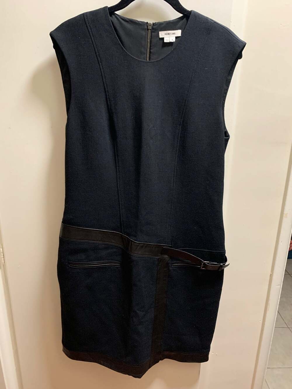 Women’s Helmut Lang Wool Blend Little Black Dress Leather trim Size 8 LBD Design